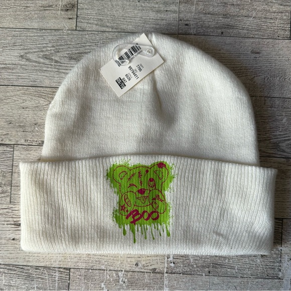 Upcycled, Neon Boo Bear, Knitted Ivory Beanie, Unisex - Picture 9 of 10